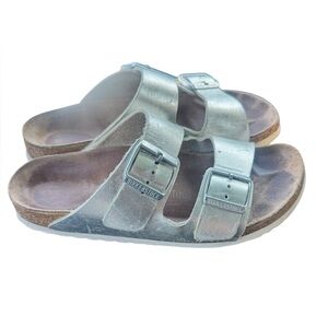 Birkenstock Arizona Metallic Silver Leather Soft Footbed Sandal Sz 39 (US 8) GUC